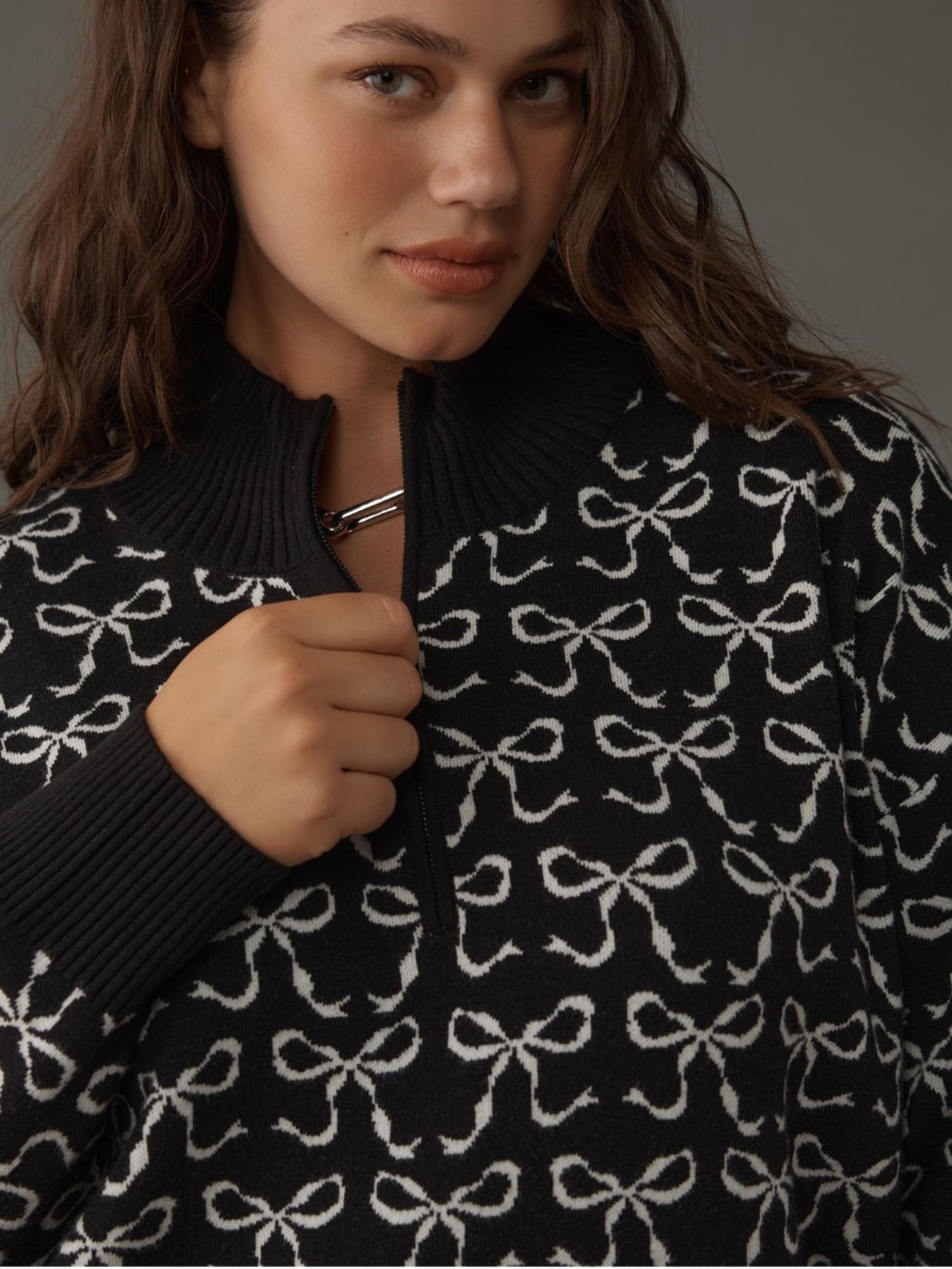 Maeve Montana Mock Neck Half Zip Bow Sweater Black White 3X Anthropologie